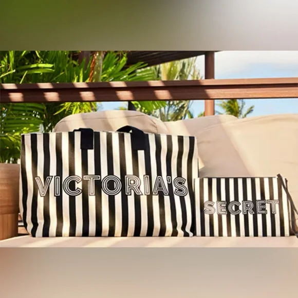 NWT Victoria's Secret Striped Tote Bag & Wristlet - Picture 2 of 3